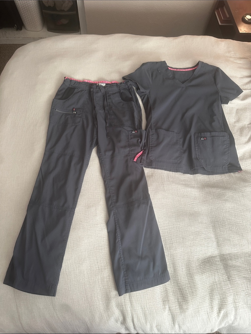 koi Women's Gray Boot Cut Scrub Set with Pink Trim